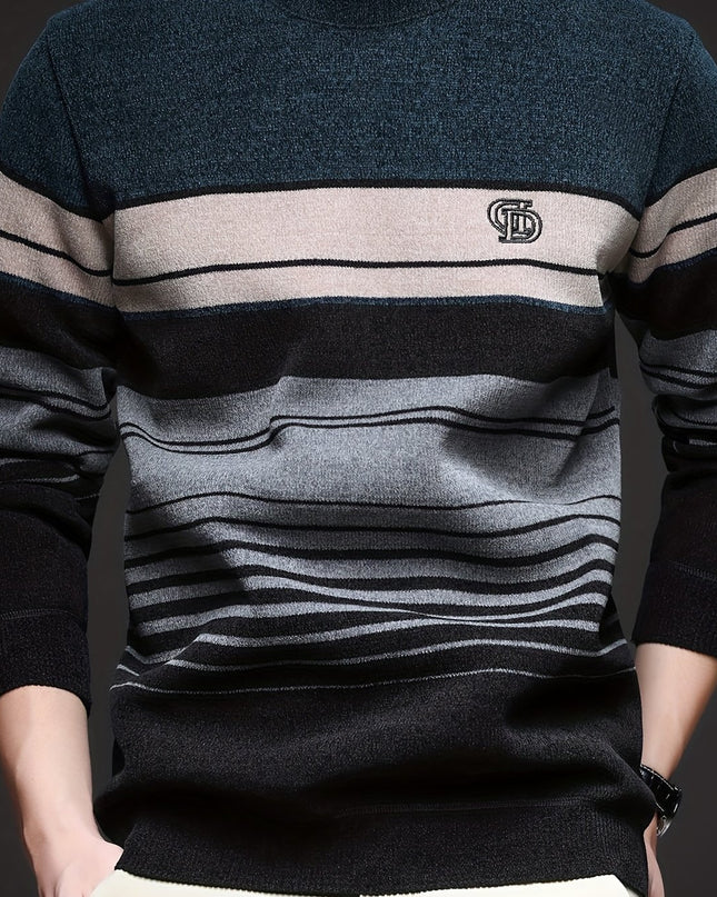 Men's Thick Fleece Sweater - Round Neck, Striped Knit Top
