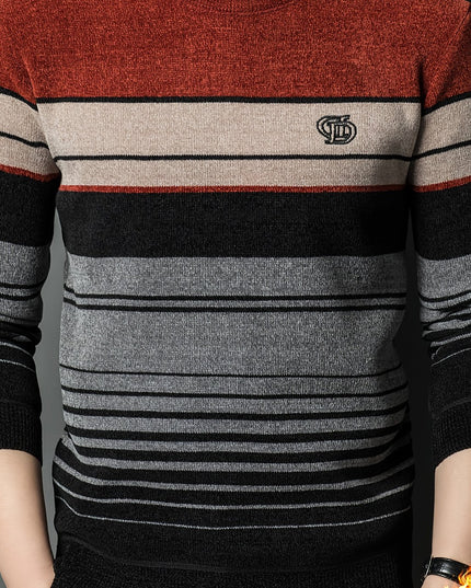 Men's Thick Fleece Sweater - Round Neck, Striped Knit Top