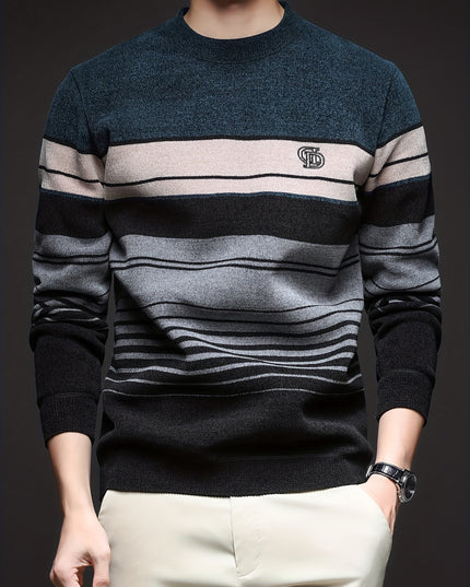Men's Thick Fleece Sweater - Round Neck, Striped Knit Top