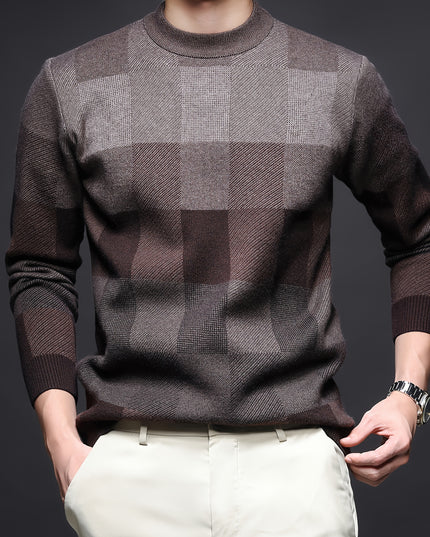 Men's Thick Plaid Sweater - Casual Crew Neck Pullover