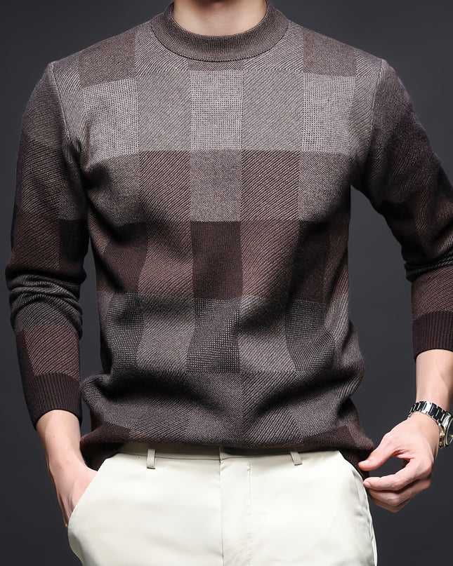 Men's Thick Plaid Sweater - Casual Crew Neck Pullover