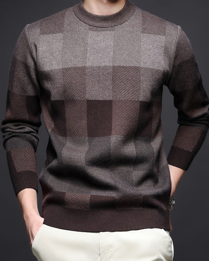 Men's Thick Plaid Sweater - Casual Crew Neck Pullover