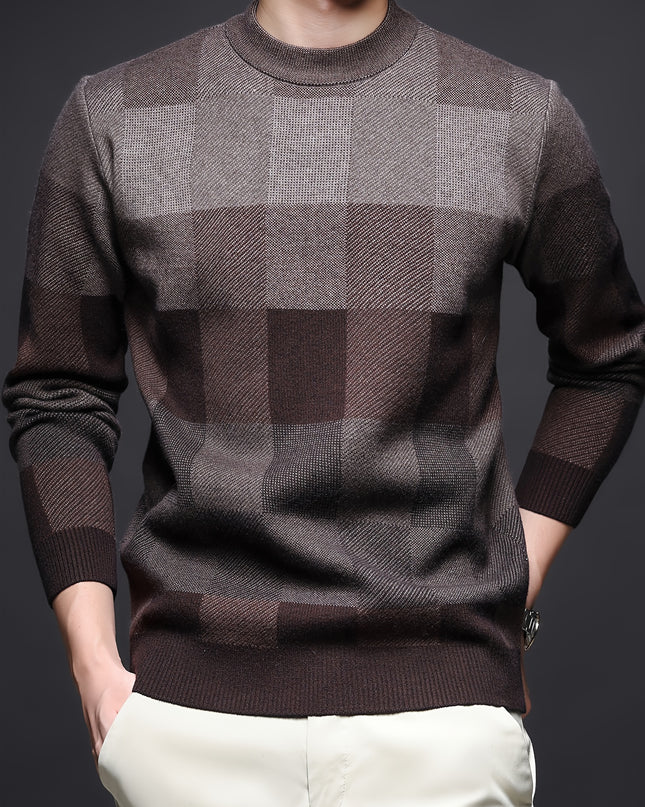 Men's Thick Plaid Sweater - Casual Crew Neck Pullover