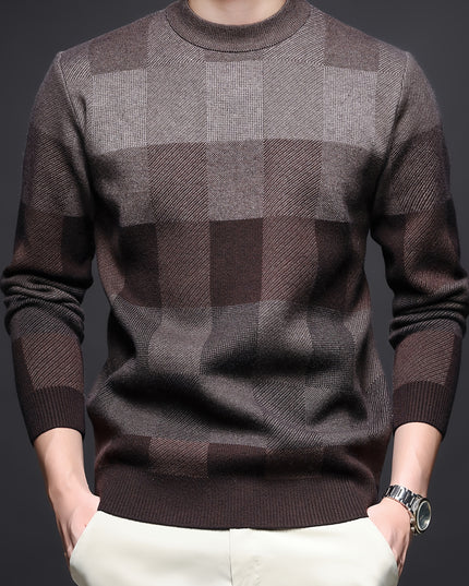 Men's Thick Plaid Sweater - Casual Crew Neck Pullover