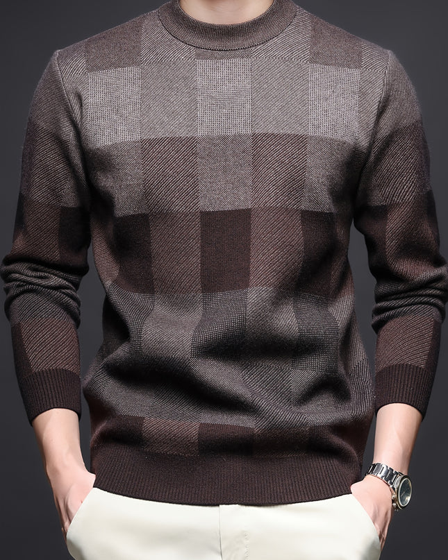 Men's Thick Plaid Sweater - Casual Crew Neck Pullover