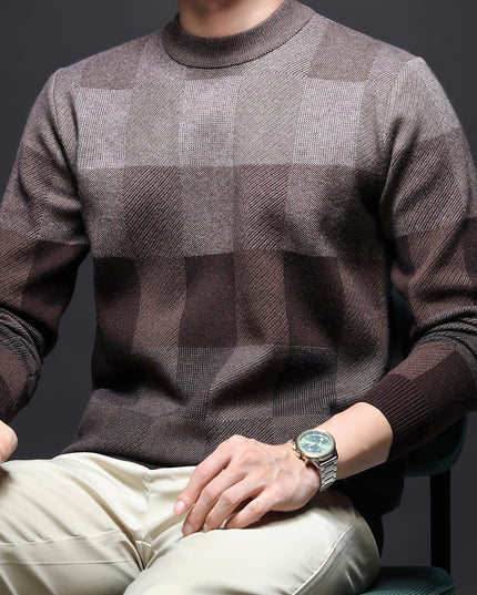 Men's Thick Plaid Sweater - Casual Crew Neck Pullover