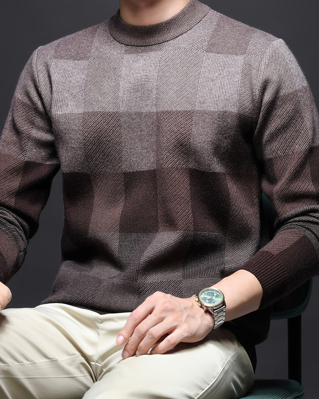 Men's Thick Plaid Sweater - Casual Crew Neck Pullover
