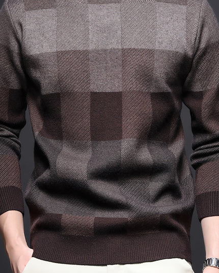 Men's Thick Plaid Sweater - Casual Crew Neck Pullover
