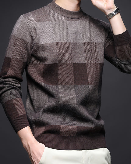 Men's Thick Plaid Sweater - Casual Crew Neck Pullover