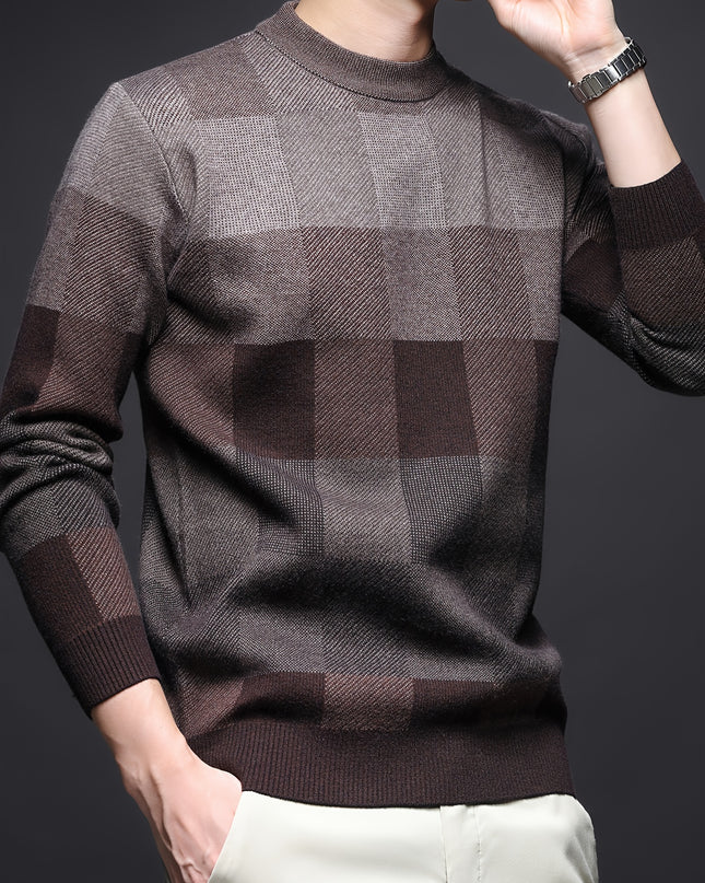 Men's Thick Plaid Sweater - Casual Crew Neck Pullover