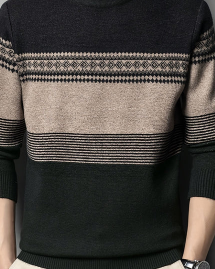 Men's Two-Tone Crew Neck Sweater - Casual Long Sleeve Top