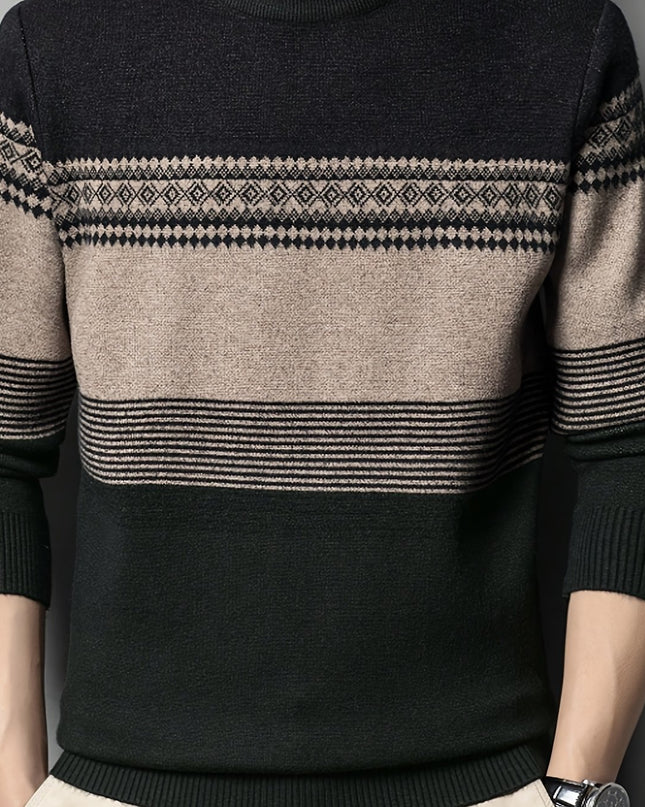 Men's Two-Tone Crew Neck Sweater - Casual Long Sleeve Top