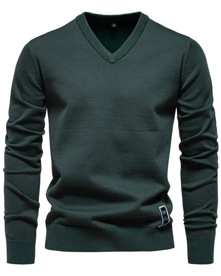 Men’s V-Neck Cotton Pullover - Casual Long Sleeve Sweater