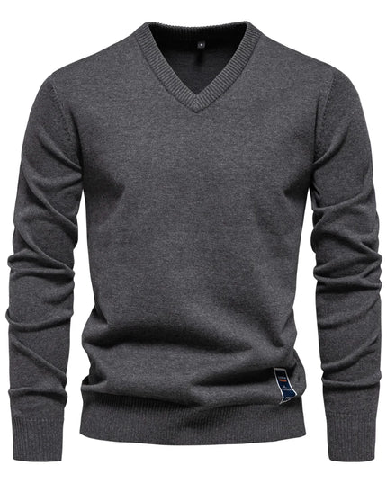 Men’s V-Neck Cotton Pullover - Casual Long Sleeve Sweater