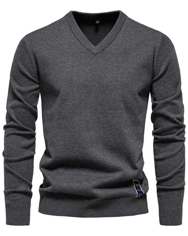 Men’s V-Neck Cotton Pullover - Casual Long Sleeve Sweater