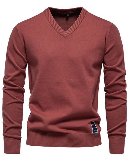 Men’s V-Neck Cotton Pullover - Casual Long Sleeve Sweater