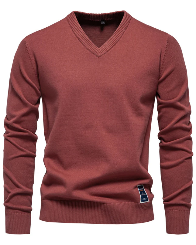 Men’s V-Neck Cotton Pullover - Casual Long Sleeve Sweater