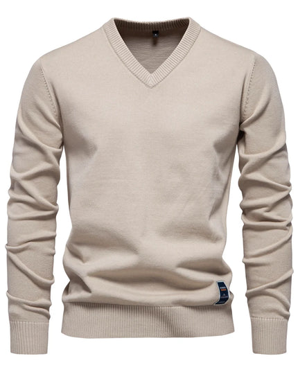Men’s V-Neck Cotton Pullover - Casual Long Sleeve Sweater