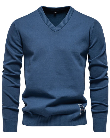 Men’s V-Neck Cotton Pullover - Casual Long Sleeve Sweater
