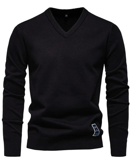 Men’s V-Neck Cotton Pullover - Casual Long Sleeve Sweater