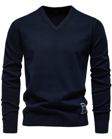 Men’s V-Neck Cotton Pullover - Casual Long Sleeve Sweater