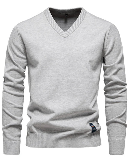 Men’s V-Neck Cotton Pullover - Casual Long Sleeve Sweater