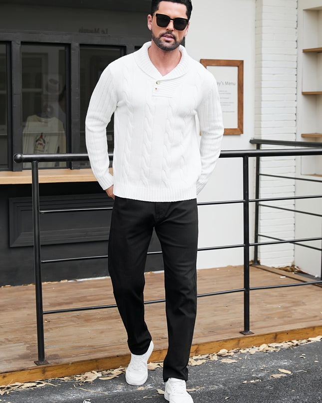 Men's V-Neck Knit Sweater - Casual, Long Sleeve, Button Details
