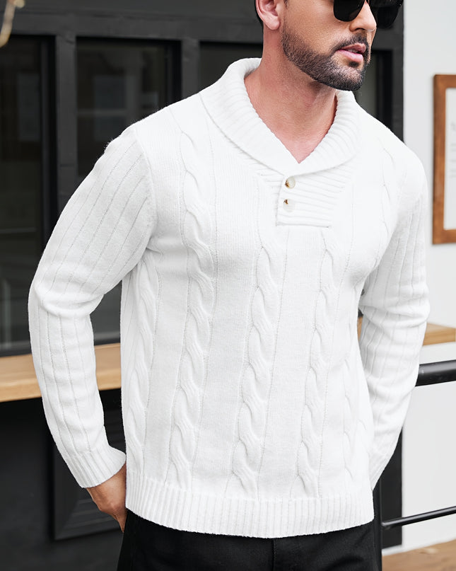 Men's V-Neck Knit Sweater - Casual, Long Sleeve, Button Details