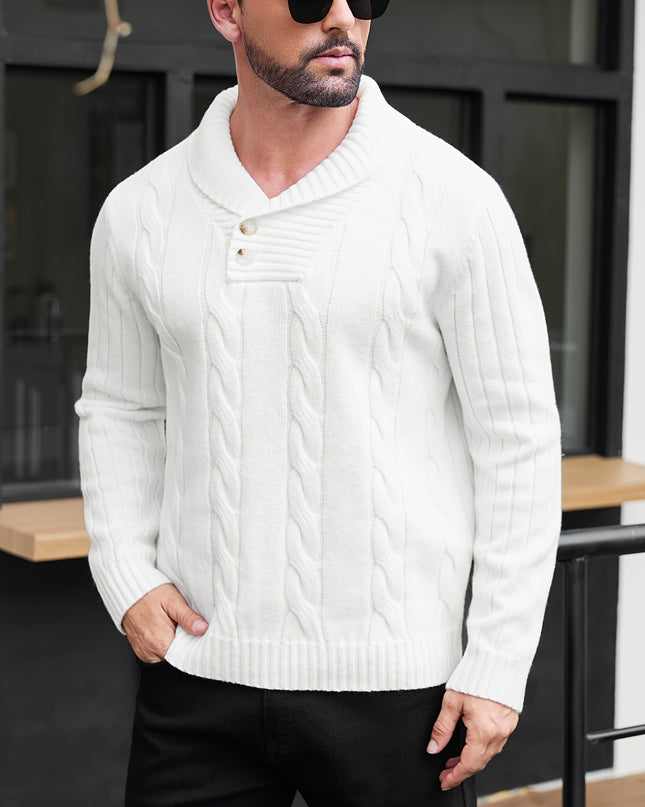 Men's V-Neck Knit Sweater - Casual, Long Sleeve, Button Details