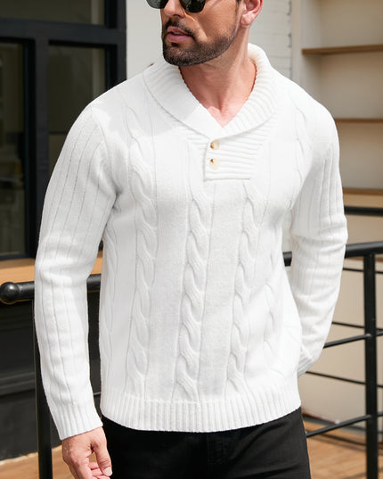 Men's V-Neck Knit Sweater - Casual, Long Sleeve, Button Details