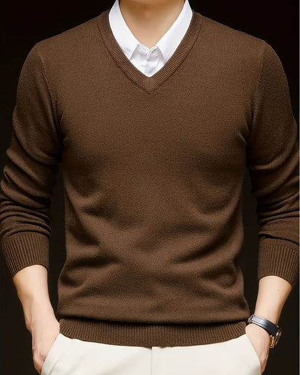 Men's V-Neck Knitted Sweater - Solid Color Warm Top