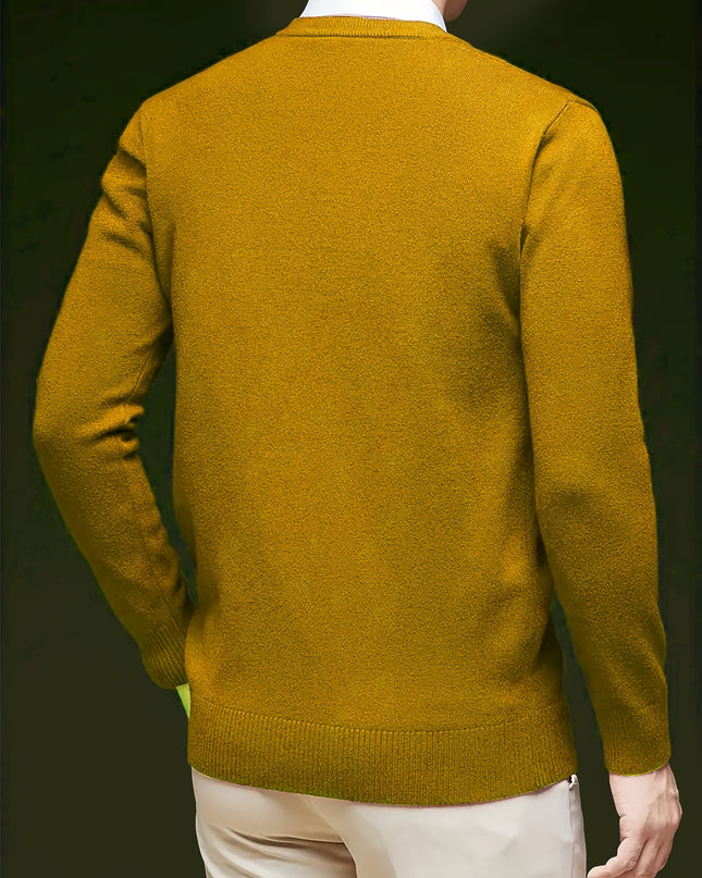 Men's V-Neck Knitted Sweater - Solid Color Warm Top