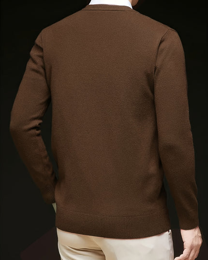 Men's V-Neck Knitted Sweater - Solid Color Warm Top