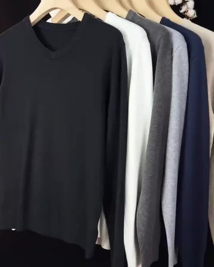 Men's V-Neck Knitted Sweater - Solid Color Warm Top