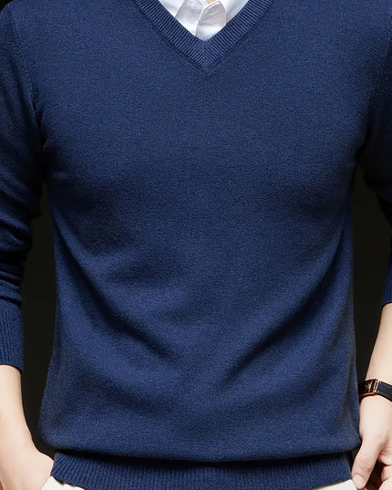 Men's V-Neck Knitted Sweater - Solid Color Warm Top