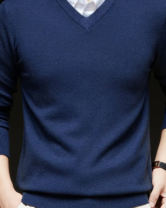 Men's V-Neck Knitted Sweater - Solid Color Warm Top