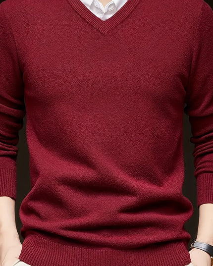 Men's V-Neck Knitted Sweater - Solid Color Warm Top