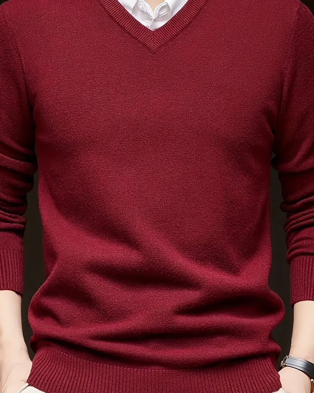 Men's V-Neck Knitted Sweater - Solid Color Warm Top