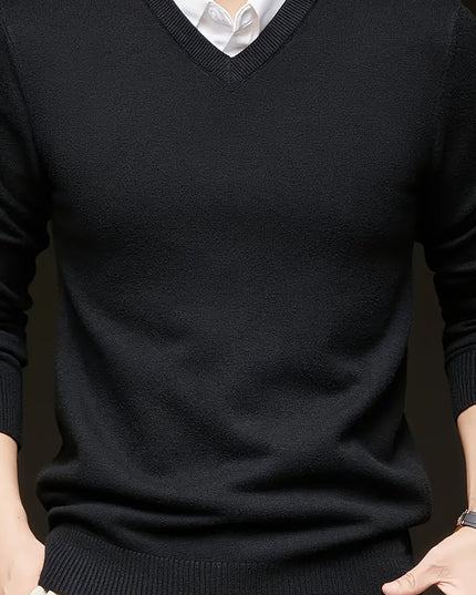 Men's V-Neck Knitted Sweater - Solid Color Warm Top