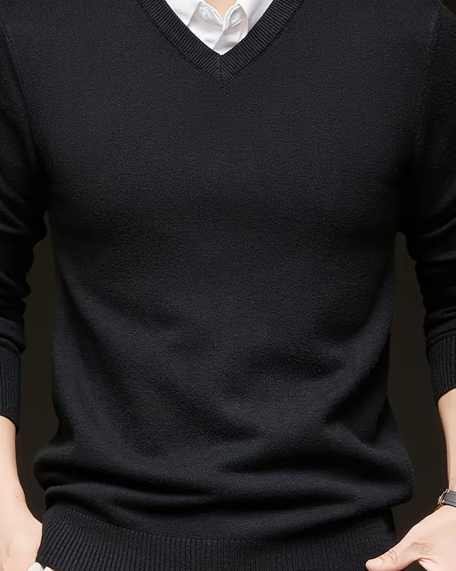 Men's V-Neck Knitted Sweater - Solid Color Warm Top