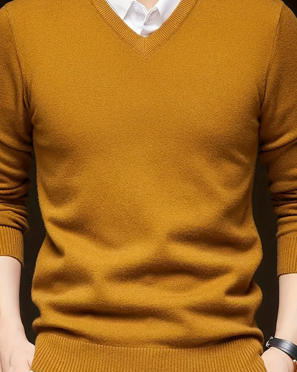 Men's V-Neck Knitted Sweater - Solid Color Warm Top