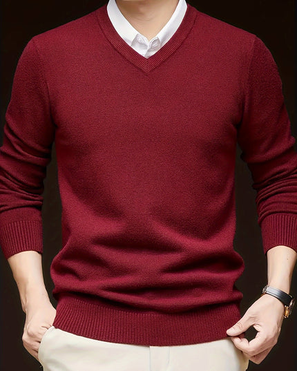 Men's V-Neck Knitted Sweater - Solid Color Warm Top