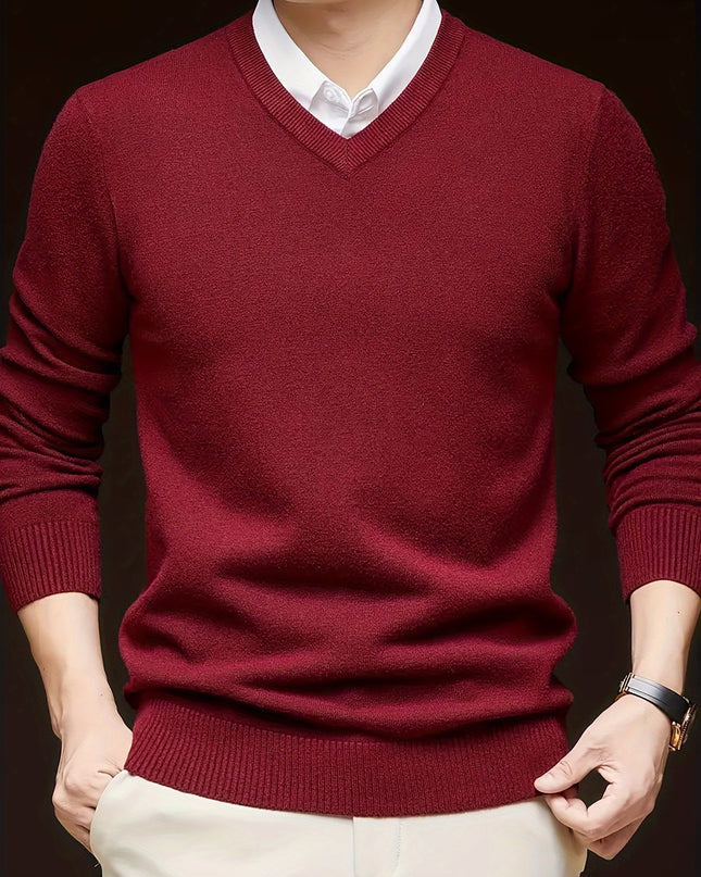 Men's V-Neck Knitted Sweater - Solid Color Warm Top