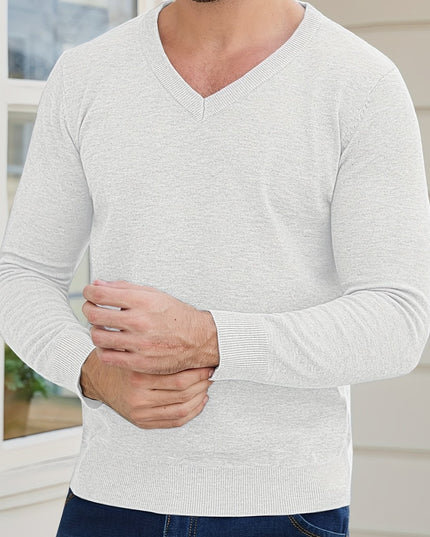 Men's V-Neck Long Sleeve Sweater - Soft Knit Pullover for Winter