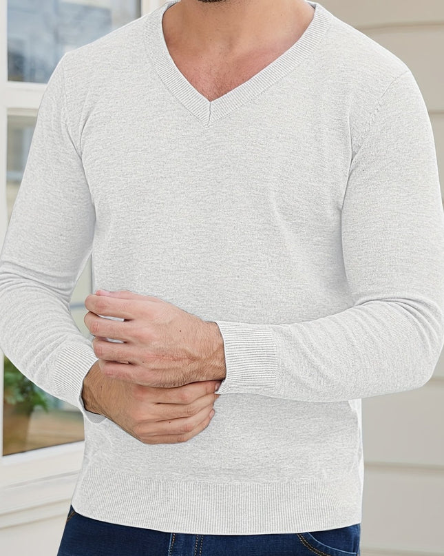 Men's V-Neck Long Sleeve Sweater - Soft Knit Pullover for Winter