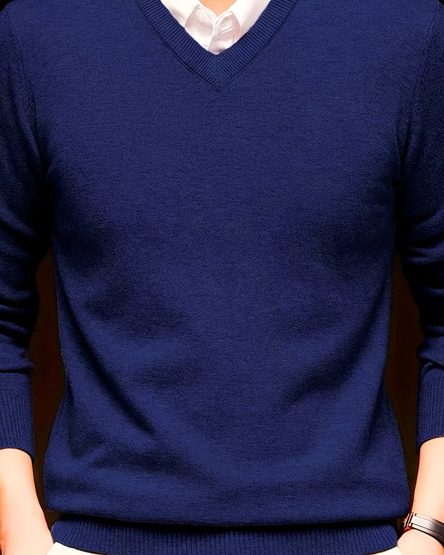 Men's V-Neck Long Sleeve Sweater - Soft Knit Pullover for Winter
