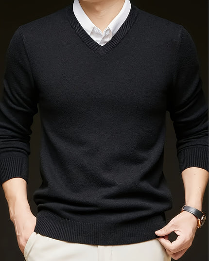 Men's V-Neck Long Sleeve Sweater - Soft Knit Pullover for Winter