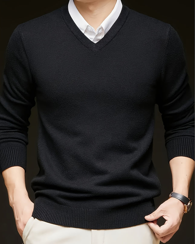 Men's V-Neck Long Sleeve Sweater - Soft Knit Pullover for Winter