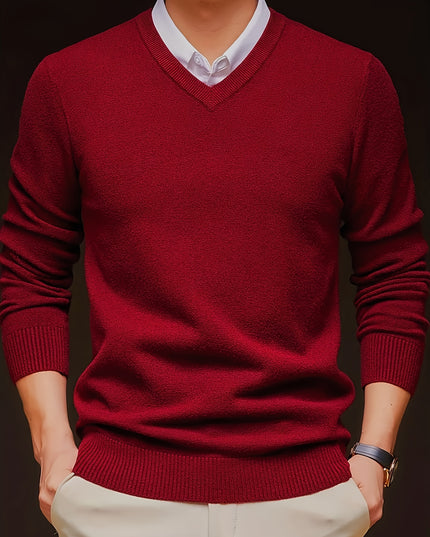 Men's V-Neck Long Sleeve Sweater - Soft Knit Pullover for Winter