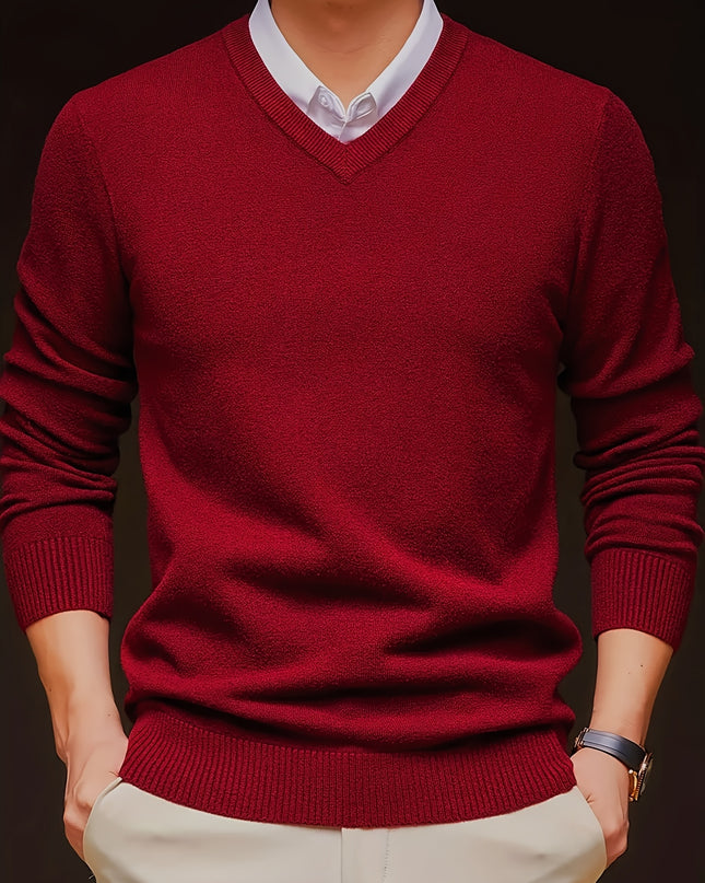 Men's V-Neck Long Sleeve Sweater - Soft Knit Pullover for Winter